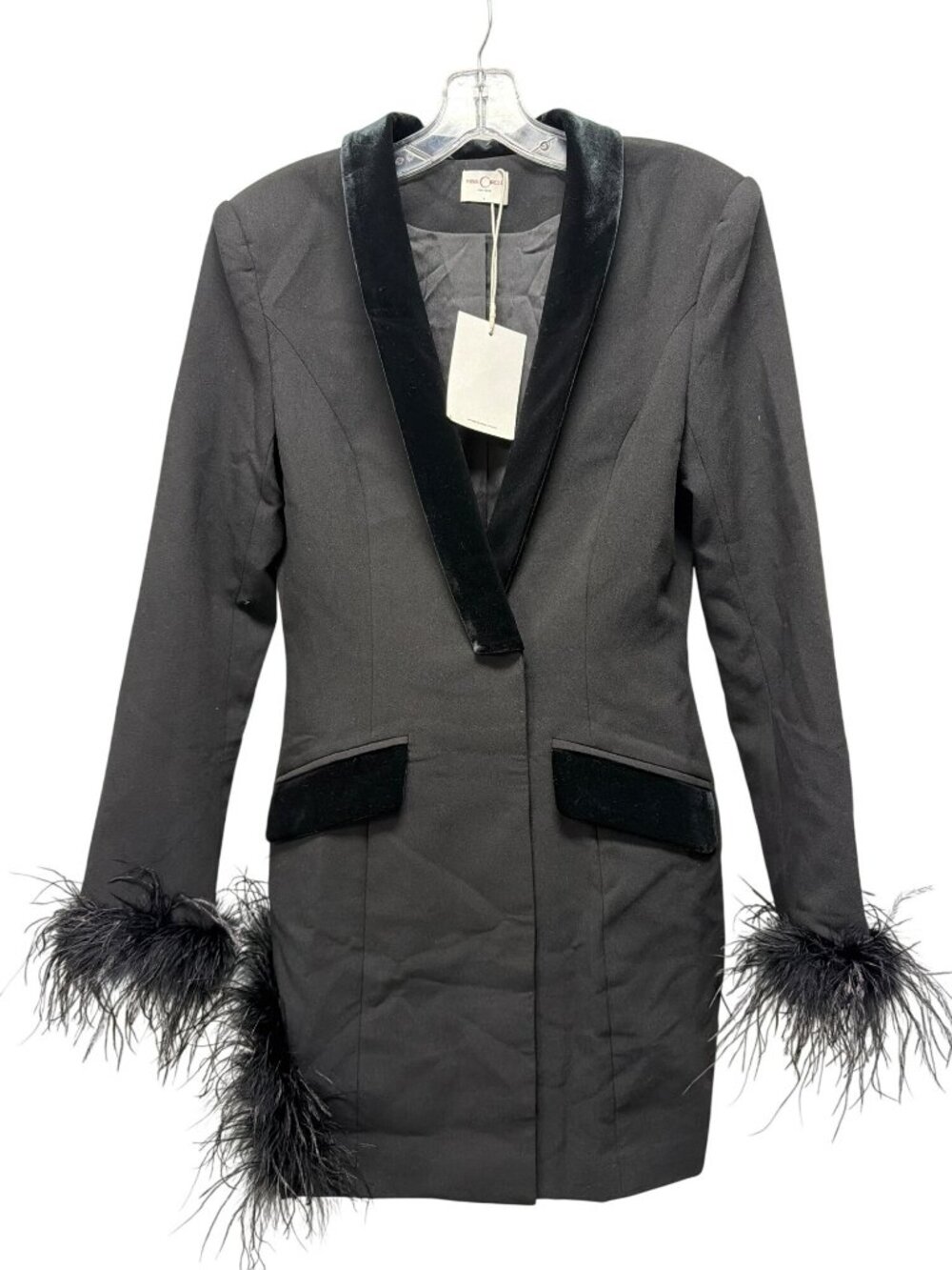 Miss Circle Feather Cuff Tuxedo Blazer Dress In Black Medium New